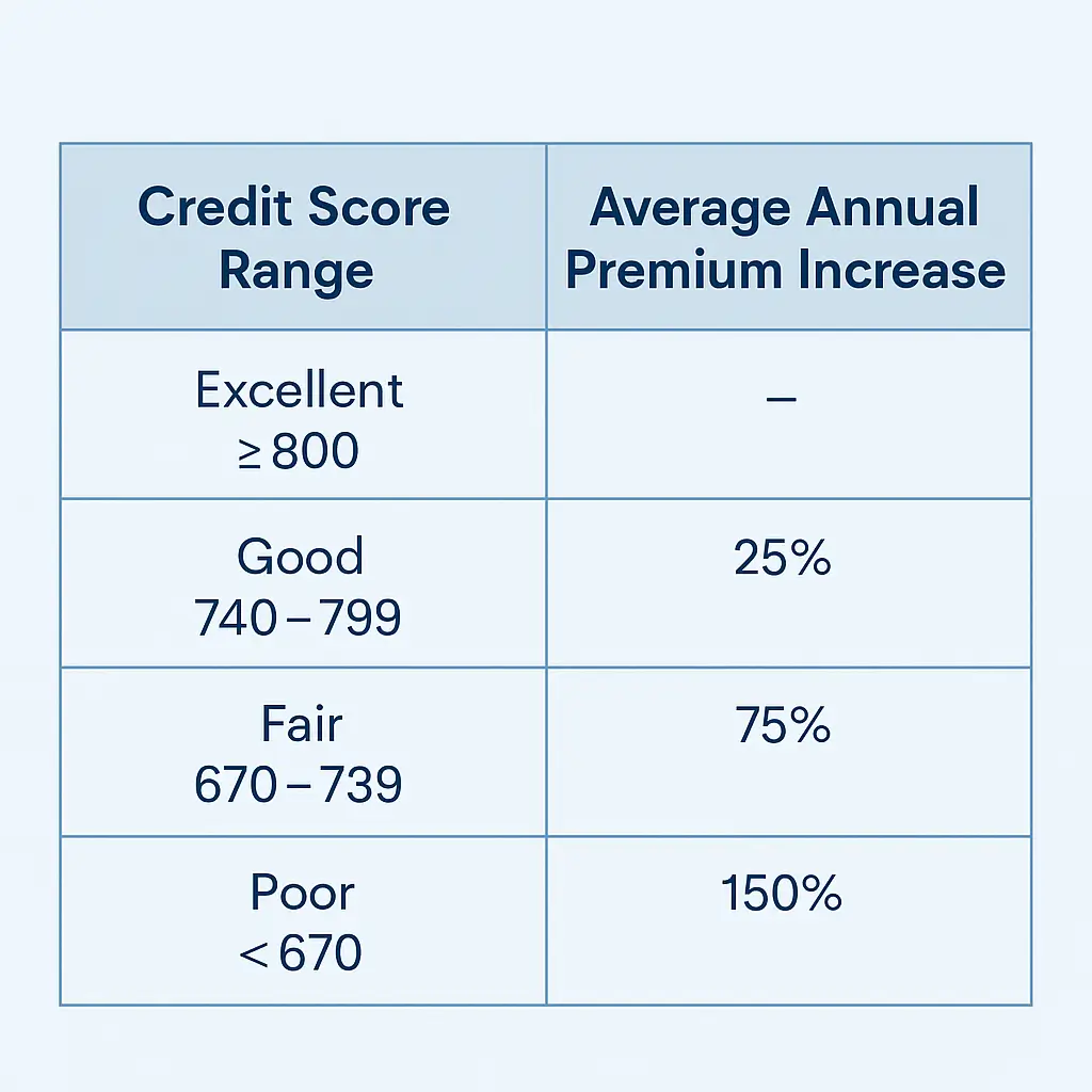 Credit Score RangeAverage Annual Premium Increase