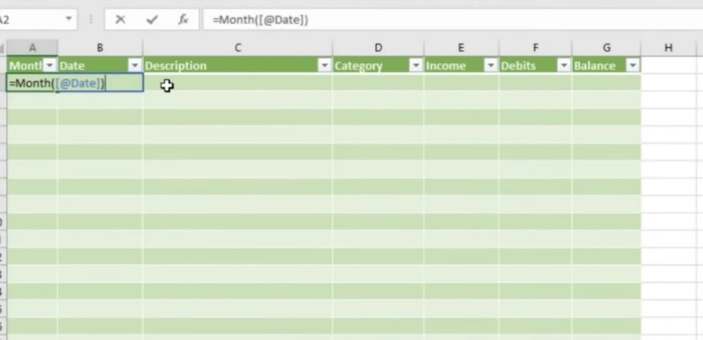 Excel screenshot demonstrating the =MONTH(B2) formula in Column A to automatically extract the month number from a date in a formatted table.