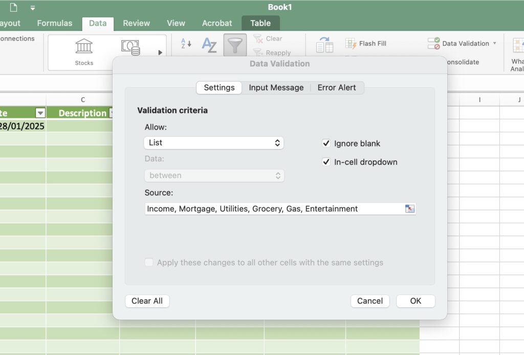 Navigate to the Data tab on the Excel ribbon and click the Data Validation icon located in the Data Tools group.