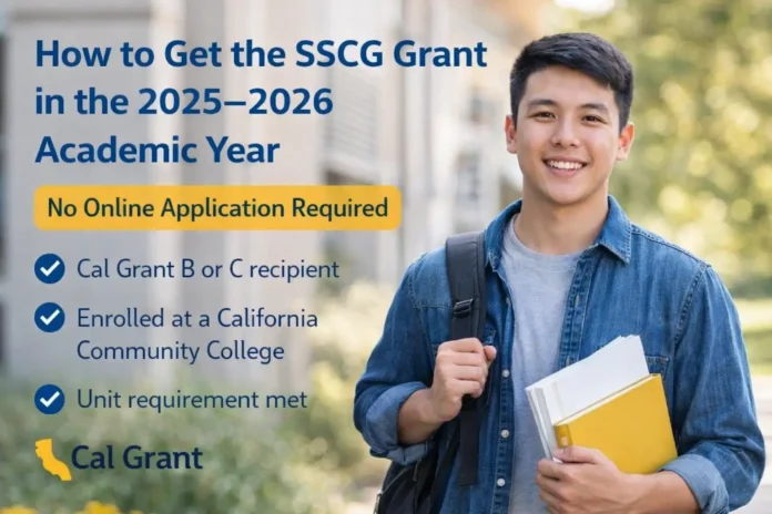 Student holding books on a California community college campus explaining how the SSCG grant online works for the 2025–2026 academic year