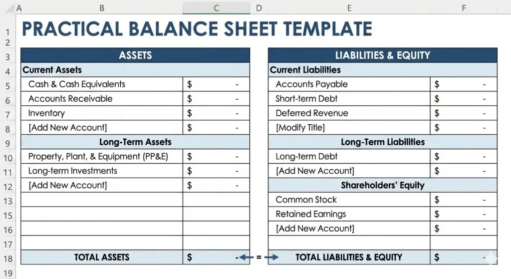 A customizable spreadsheet template for a small business balance sheet. The image shows two main columns: "Assets" on the left (split into Current and Long-Term sections with examples like Cash and Inventory) and "Liabilities & Equity" on the right (split into Current Liabilities, Long-Term Liabilities, and Shareholders' Equity with examples like Accounts Payable and Retained Earnings). It includes editable fields marked "[Add New Account]" and shows equal totals at the bottom for balancing.