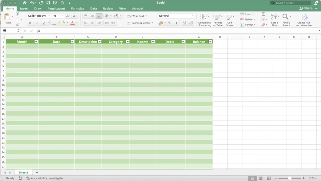 Screenshot showing how to set up an Excel budget transaction table with columns for Month, Date, Category, Description, income, debt,  balance