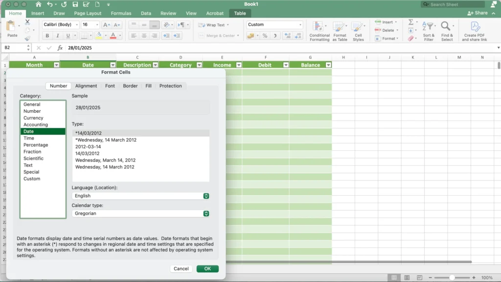 Screenshot of Excel budget showing Highlight column B (where your dates will go), right-click, and choose 'Format Cells'. Go to the 'Number' tab, select 'Date', and pick a format you prefer.