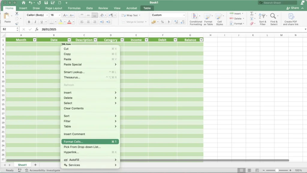 Screenshot of Excel budget showing how to format Date cell