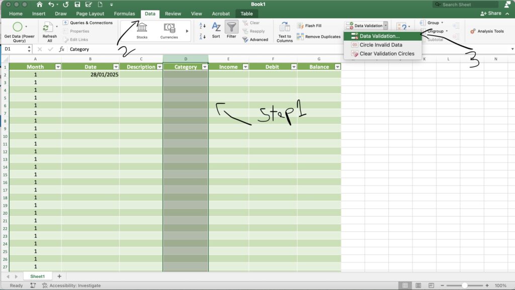 Highlight column D, then hold the Ctrl key and click the header cell to unselect it. This ensures the drop-down menu is only applied to your data entries.