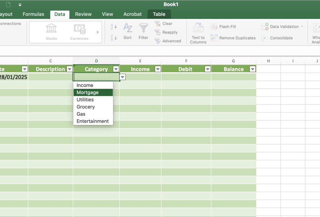 In the Settings tab of the pop-up, choose List from the 'Allow' drop-down and type your categories (e.g., Income, Mortgage, Utilities) into the Source box, ensuring each is separated by a comma.