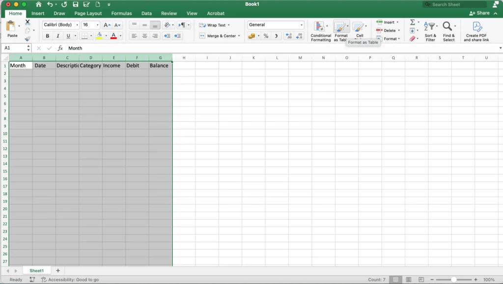 Screenshot showing how to set up an Excel budget transaction table with columns for Date, Category, Description, and Amount