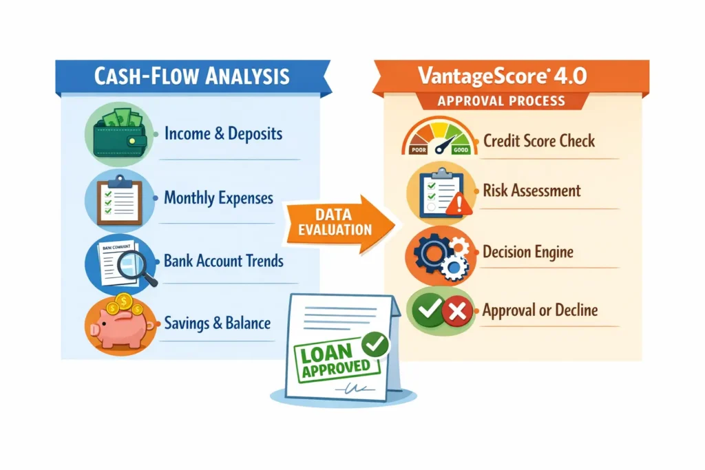 infographic showing cash-flow analysis and VantageScore 4.0 approval process