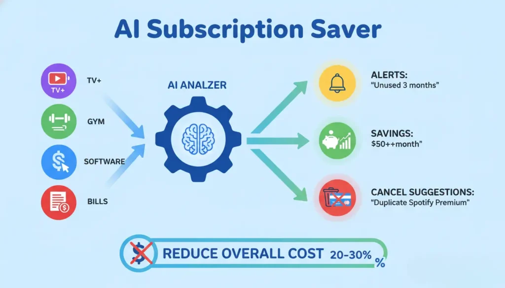 AI budgeting app detecting unused subscriptions to cut costs